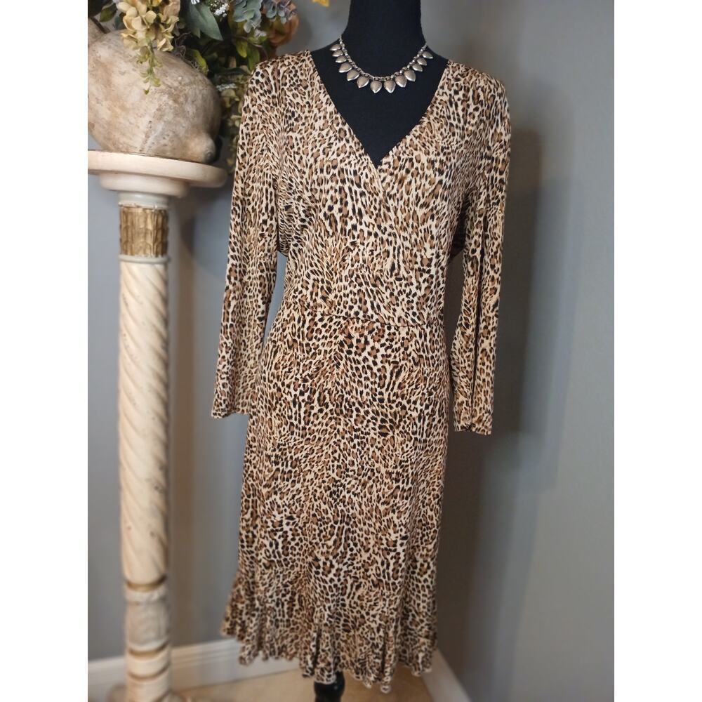 Glamour A Line Dress Womens Sz 14 Cheetah Print Neck Surplice V Neck Frill Hem